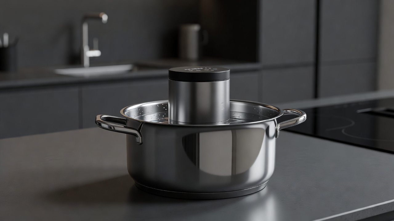 Close up of a smart precision cooker inside a pot of water in a modern kitchen