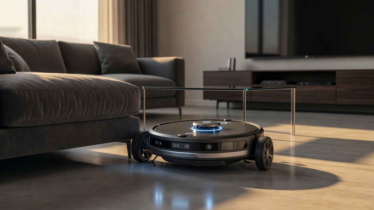 High tech robot vacuum maneuvering around furniture