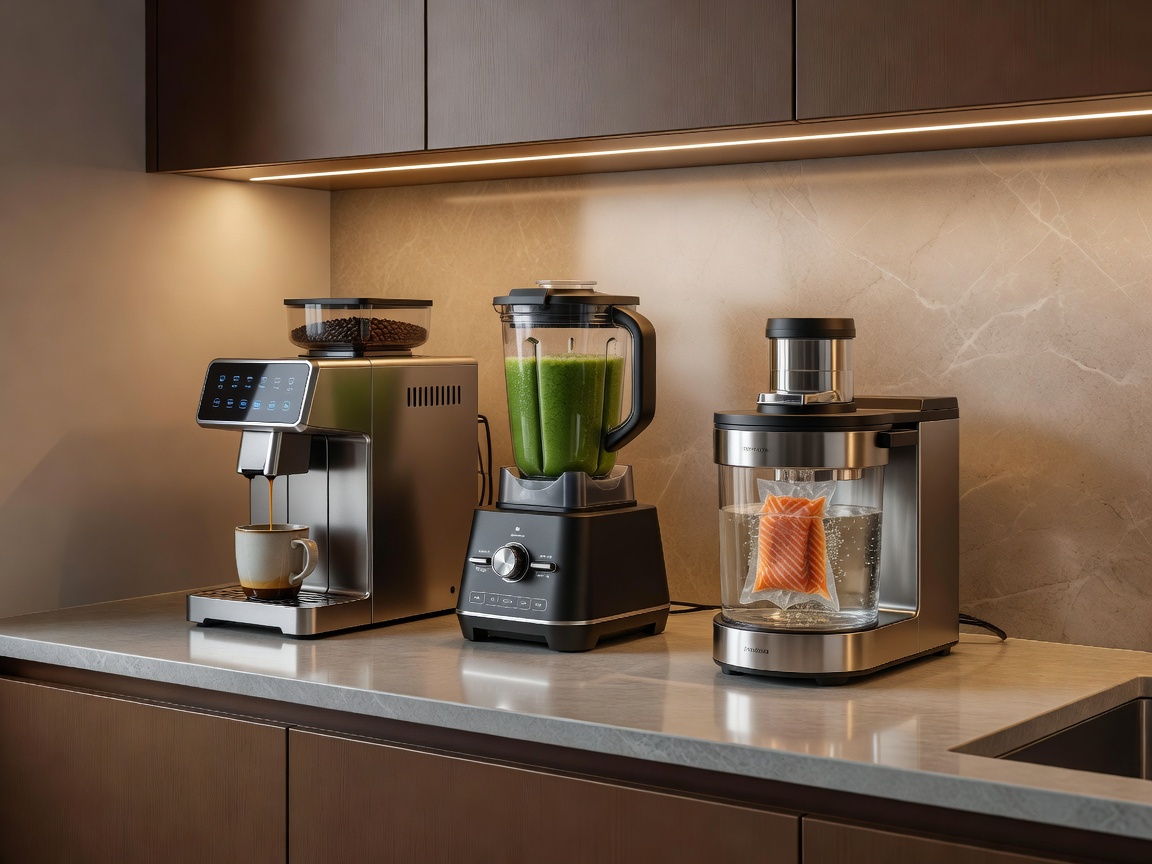 Modern kitchen countertop featuring automated appliances and warm lighting