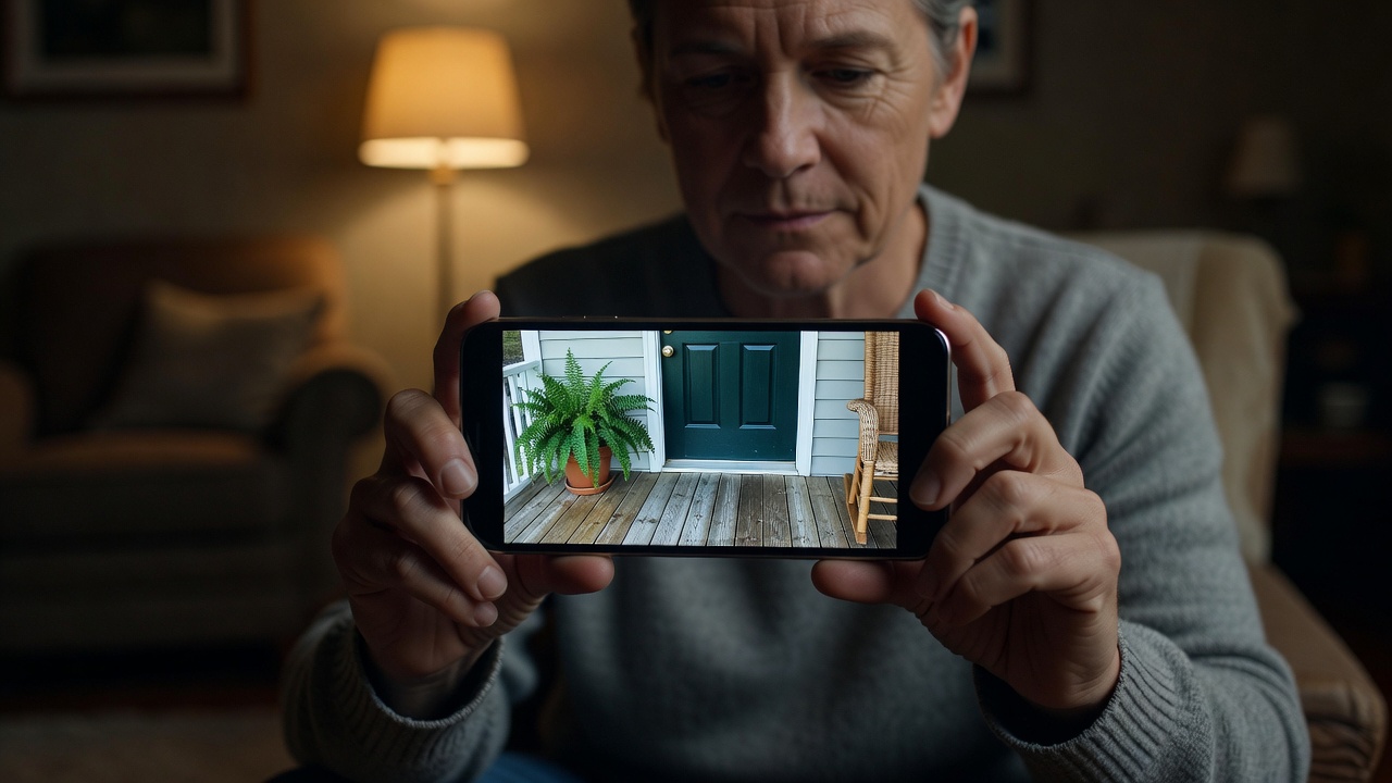 Person using a smartphone to view a live security camera feed of their front porch