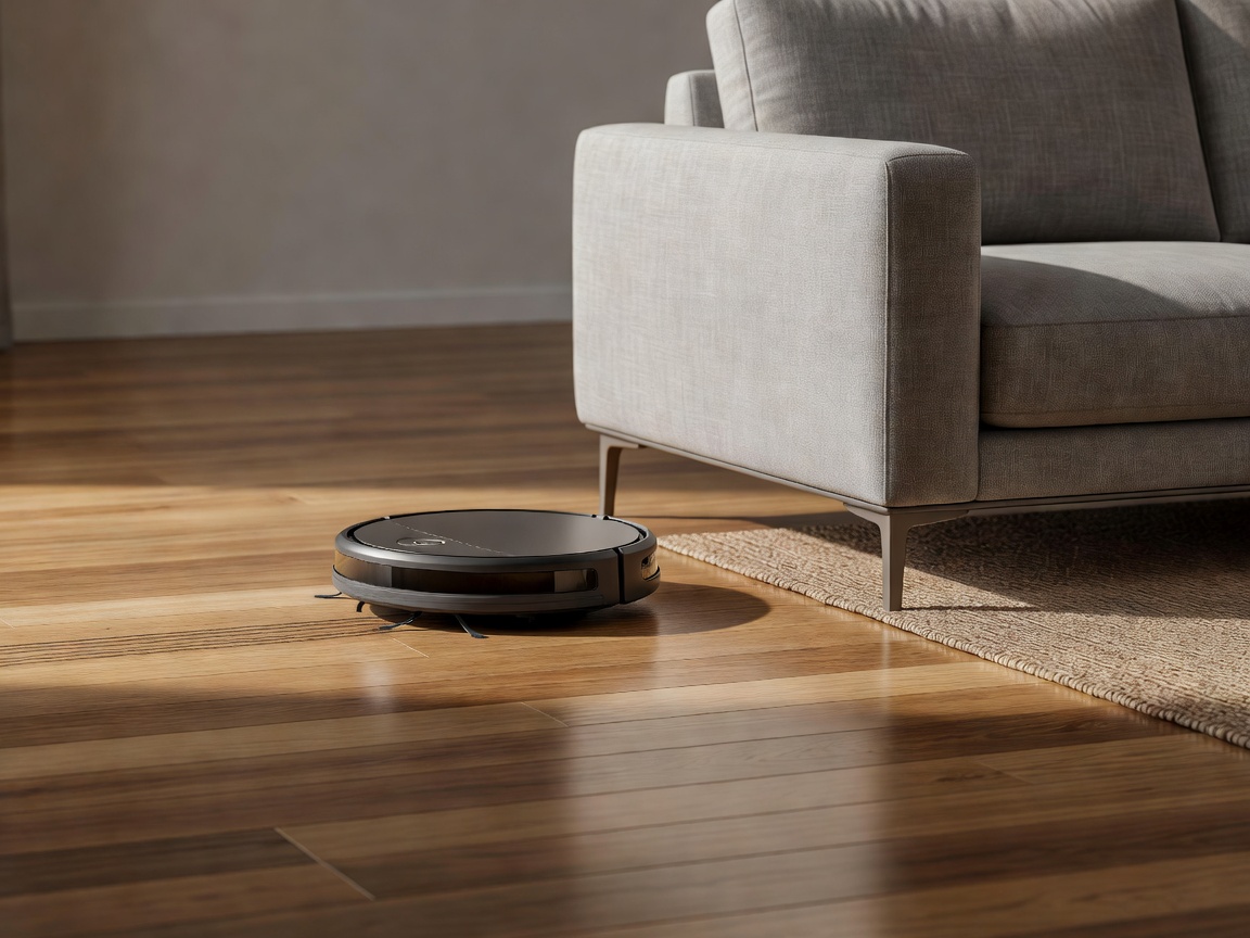 Robot vacuum navigating a wooden floor next to a modern sofa