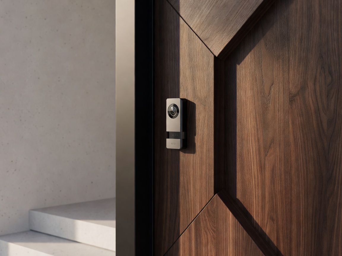 Sleek video doorbell mounted on a contemporary front door