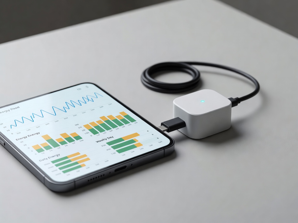 Smartphone displaying home energy usage graphs connected to a smart plug
