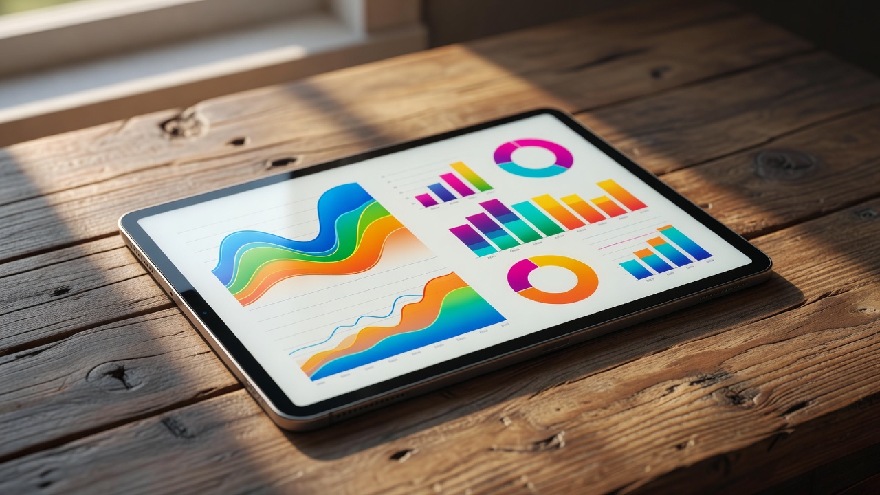 Tablet displaying colorful energy usage graphs resting on a wooden table